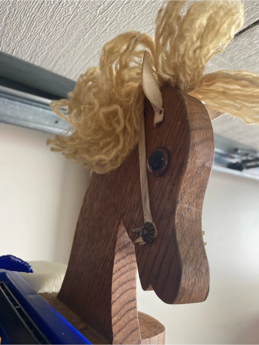 Vintage Wooden Doll Size Rocking Horse Cream Vinyl Seat Yarn Mane Nursery Decor